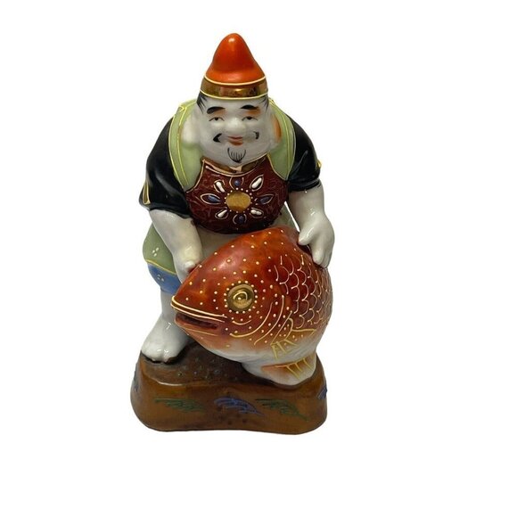 Japanese Figurine Kutani God of Prosperity w/Moriage Lucky God Vtg. 1960s - Picture 4 of 11